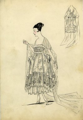 <em>"Evening dress, Spring 1916. Lace and fabric layered dress, ankle length, full skirt; bandeau bodice with sheer straps and shawl. (Bendel Collection, HB 016-03)"</em>, 1916. Fashion sketch, 12.25 x 8.5 in (31.1 x 21.6 cm). Brooklyn Museum, Fashion sketches. (Photo: Brooklyn Museum, SC01.1_Bendel_Collection_HB_016-03_1916_SL5.jpg