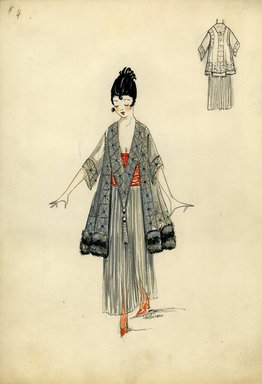 <em>"Evening dress and coat, Sprint 1916. Sheer grey long dress; orange bodice; knee-length grey coat with design of repeating rectangles, sheer sleeves, grey fur trim on hem and v-shaped panel in front. (Bendel Collection, HB 016-04)"</em>, 1916. Fashion sketch, 12.25 x 8.5 in (31.1 x 21.6 cm). Brooklyn Museum, Fashion sketches. (Photo: Brooklyn Museum, SC01.1_Bendel_Collection_HB_016-04_1916_SL5.jpg