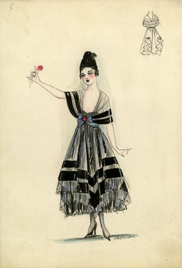 <em>"Evening dress, Spring 1916. Sheer black net strapless dress, tea length, full skirt with wide bands of black; black net shawl attached at front of bodice has two black bands; wide blue belt. (Bendel Collection, HB 016-05)"</em>, 1916. Fashion sketch, 12.25 x 8.5 in (31.1 x 21.6 cm). Brooklyn Museum, Fashion sketches. (Photo: Brooklyn Museum, SC01.1_Bendel_Collection_HB_016-05_1916_SL5.jpg