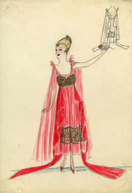 <em>"Evening dress, Spring 1916. Red ankle length dress with two long side panels attached to bodice; gold bodice and waistband, sheer orange straps; wide gold lace band on skirt. (Bendel Collection, HB 016-06)"</em>, 1916. Fashion sketch, 12.25 x 8.5 in (31.1 x 21.6 cm). Brooklyn Museum, Fashion sketches. (Photo: Brooklyn Museum, SC01.1_Bendel_Collection_HB_016-06_1916_SL5.jpg