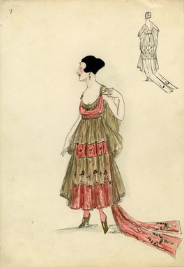 <em>"Evening dress, Spring 1916. Gold net and red fabric dress, ankle length, full skirt, red train, garlands on skirt; red sleeveless scoop-neck bodice with gold net at neckline. (Bendel Collection, HB 016-07)"</em>, 1916. Fashion sketch, 12.25 x 8.5 in (31.1 x 21.6 cm). Brooklyn Museum, Fashion sketches. (Photo: Brooklyn Museum, SC01.1_Bendel_Collection_HB_016-07_1916_SL5.jpg