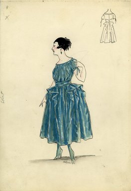 <em>"Evening dress, Spring 1916. Blue ankle length dress, full skirt, ruffles at hips; bodice with short sleeves, scoop neck; belt. (Bendel Collection, HB 016-08)"</em>, 1916. Fashion sketch, 12.25 x 8.5 in (31.1 x 21.6 cm). Brooklyn Museum, Fashion sketches. (Photo: Brooklyn Museum, SC01.1_Bendel_Collection_HB_016-08_1916_SL5.jpg