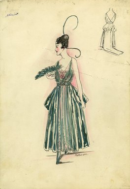 <em>"Evening dress, Chéruit, Spring 1916. Long green dress, full skirt; sleeveless bodice, pink under top; decorative belt; green fan. (Bendel Collection, HB 016-09)"</em>, 1916. Fashion sketch, 12.25 x 8.5 in (31.1 x 21.6 cm). Brooklyn Museum, Fashion sketches. (Photo: Brooklyn Museum, SC01.1_Bendel_Collection_HB_016-09_1916_Cheruit_SL5.jpg