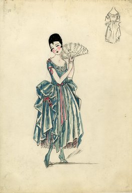 <em>"Evening dress, Spring 1916. Green ankle length dress, full skirt with side draps, net underskirt; short sleeved bodice, scoop neck; white fan. (Bendel Collection, HB 016-10)"</em>, 1916. Fashion sketch, 12.25 x 8.5 in (31.1 x 21.6 cm). Brooklyn Museum, Fashion sketches. (Photo: Brooklyn Museum, SC01.1_Bendel_Collection_HB_016-10_1916_SL5.jpg