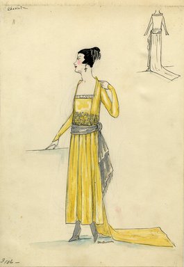 <em>"Evening dress, Chéruit, Spring 1916. Yellow ankle length dress, straight skirt, train; square neck bodice, long sleeves; silver waist sash. (Bendel Collection, HB 016-11)"</em>, 1916. Fashion sketch, 12.25 x 8.5 in (31.1 x 21.6 cm). Brooklyn Museum, Fashion sketches. (Photo: Brooklyn Museum, SC01.1_Bendel_Collection_HB_016-11_1916_Cheruit_SL5.jpg