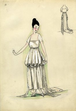 <em>"Evening dress, Spring 1916. White ankle length dress, short overskirt, train; square neck bodice, short sleeves; narrow belt. (Bendel Collection, HB 016-12)"</em>, 1916. Fashion sketch, 12.25 x 8.5 in (31.1 x 21.6 cm). Brooklyn Museum, Fashion sketches. (Photo: Brooklyn Museum, SC01.1_Bendel_Collection_HB_016-12_1916_SL5.jpg