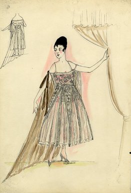 <em>"Evening dress, Spring 1916. Net tea length dress, full skirt, pennant shaped panels extending from waist with floral designs; bodice with floral design, thin straps of beads, train attached to bodice. (Bendel Collection, HB 016-13)"</em>, 1916. Fashion sketch, 12.25 x 8.5 in (31.1 x 21.6 cm). Brooklyn Museum, Fashion sketches. (Photo: Brooklyn Museum, SC01.1_Bendel_Collection_HB_016-13_1916_SL5.jpg