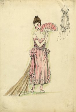 <em>"Evening dress, Spring 1916. Light pink ankle length dress, draped side panels, train; fitted bodice with thin straps of beads and cutout short sleeves; pink fan of feathers. (Bendel Collection, HB 016-14)"</em>, 1916. Fashion sketch, 12.25 x 8.5 in (31.1 x 21.6 cm). Brooklyn Museum, Fashion sketches. (Photo: Brooklyn Museum, SC01.1_Bendel_Collection_HB_016-14_1916_SL5.jpg