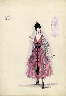 <em>"Evening dress, Callot Soeurs, 'Biaritz', Spring 1916. Pink ankle length dress, full skirt, overskirt tapered in front; sleeveless bodice, v-neck; long black ribbon extends from bodice to skirt with small bows, black belt; lace shawl attached at shoulders."</em>, 1916. Fashion sketch, 12.25 x 8.5 in (31.1 x 21.6 cm). Brooklyn Museum, Fashion sketches. (Photo: Brooklyn Museum, SC01.1_Bendel_Collection_HB_016-15_1916_Callot_SL5.jpg