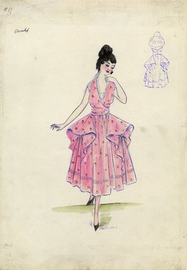 <em>"Evening dress, Arnold, Spring 1916. Pink ankle length dress, full skirt, side panniers; sleeveless bodice, v-neck, narrow white ruffle along neckline and at shoulders; dress fabric with allover design of tiny gold flowers. (Bendel Collection, HB 016-16)"</em>, 1916. Fashion sketch, 12.25 x 8.5 in (31.1 x 21.6 cm). Brooklyn Museum, Fashion sketches. (Photo: Brooklyn Museum, SC01.1_Bendel_Collection_HB_016-16_1916_Arnold_SL5.jpg