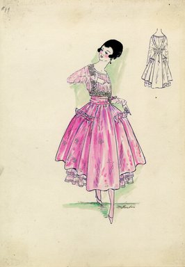 <em>"Evening dress, Spring 1916. Pink ankle length dress, full skirt, a row of cartridge pleats on each side, light pink underskirt; long sleeved bodice with lace. (Bendel Collection, HB 016-18)"</em>, 1916. Fashion sketch, 12.25 x 8.5 in (31.1 x 21.6 cm). Brooklyn Museum, Fashion sketches. (Photo: Brooklyn Museum, SC01.1_Bendel_Collection_HB_016-18_1916_SL5.jpg