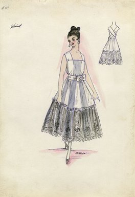 <em>"Evening dress, Chéruit, Spring 1916. White and grey striped ankle length dress, full skirt, wide panel of lace on skirt; sleeveless bodice, square neck; white belt with bow at waist. (Bendel Collection, HB 016-19)"</em>, 1916. Fashion sketch, 12.25 x 8.5 in (31.1 x 21.6 cm). Brooklyn Museum, Fashion sketches. (Photo: Brooklyn Museum, SC01.1_Bendel_Collection_HB_016-19_1916_Cheruit_SL5.jpg