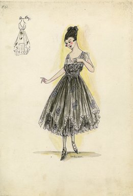 <em>"Evening dress, Bulloz, Spring 1916. Black net tea length dress, full skirt, underskirt with scalloped hem, flowers on skirt; chemise bodice, sheer sleeves with beading; laced high heel shoes. (Bendel Collection, HB 016-20)"</em>, 1916. Fashion sketch, 12.25 x 8.5 in (31.1 x 21.6 cm). Brooklyn Museum, Fashion sketches. (Photo: Brooklyn Museum, SC01.1_Bendel_Collection_HB_016-20_1916_Bulloz_SL5.jpg