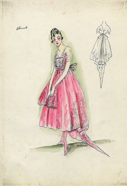 <em>"Evening dress, Chéruit, Spring 1916. Pink dress tea length, full skirt, pointed train, one short side panel; short sleeved bodice in pink and white, v-neck. (Bendel collection, HB 016-21)"</em>, 1916. Fashion sketch, 12.25 x 8.5 in (31.1 x 21.6 cm). Brooklyn Museum, Fashion sketches. (Photo: Brooklyn Museum, SC01.1_Bendel_Collection_HB_016-21_1916_Cheruit_SL5.jpg