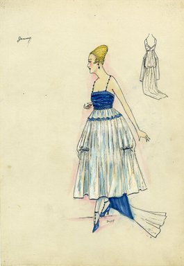 <em>"Evening dress, Jenny, Spring 1916. Blue and white ankle length dress, full skirt, train; chemise bodice in blue, thin straps with beads. (Bendel Collection, HB 016-22)"</em>, 1916. Fashion sketch, 12.25 x 8.5 in (31.1 x 21.6 cm). Brooklyn Museum, Fashion sketches. (Photo: Brooklyn Museum, SC01.1_Bendel_Collection_HB_016-22_1916_Jenny_SL5.jpg