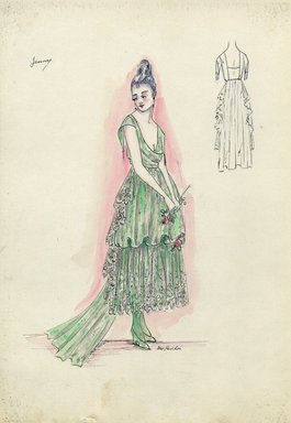 <em>"Evening dress, Jenny, Spring 1916. Green ankle length dress, two-tierred skirt, bottom tier with overskirt of lace, train; bodice with low scoop neck, short cap sleeves. (Bendel Collection, HB 016-23)"</em>, 1916. Fashion sketch, 12.25 x 8.5 in (31.1 x 21.6 cm). Brooklyn Museum, Fashion sketches. (Photo: Brooklyn Museum, SC01.1_Bendel_Collection_HB_016-23_1916_Jenny_SL5.jpg