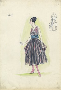 <em>"Evening dress, Chéruit, Spring 1916. Grey tea length dress, full skirt, side panels; sleeveless bodice, v-neck; blue waist sash. (Bendel Collection, HB 016024)"</em>, 1916. Fashion sketch, 12.25 x 8.5 in (31.1 x 21.6 cm). Brooklyn Museum, Fashion sketches. (Photo: Brooklyn Museum, SC01.1_Bendel_Collection_HB_016-24_1916_Cheruit_SL5.jpg