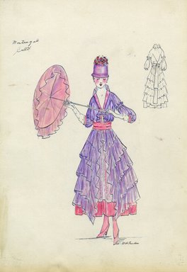 <em>"Evening dress, Callot Soeurs, 'Martingale', Spring 1916. Purple ankle length dress with rows of ruffles, pink underskirt; purple bodice with three-quarter sleeves, cuffs and v-neck trimmed in pink; pink waist sash; purple bucket-shaped hat with small flow"</em>, 1916. Fashion sketch, 12.25 x 8.5 in (31.1 x 21.6 cm). Brooklyn Museum, Fashion sketches. (Photo: Brooklyn Museum, SC01.1_Bendel_Collection_HB_016-26_1916_Callot_SL5.jpg