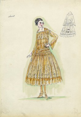 <em>"Evening dress, Chéruit, Spring 1916. Gold net or lace tea length dress, full skirt; bodice with long bell-shaped sleeves, square neck. (Bendel Collection, HB 016-27)"</em>, 1916. Fashion sketch, 12.25 x 8.5 in (31.1 x 21.6 cm). Brooklyn Museum, Fashion sketches. (Photo: Brooklyn Museum, SC01.1_Bendel_Collection_HB_016-27_1916_Callot_SL5.jpg