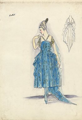 <em>"Evening dress, Callot Soeurs, Spring 1916. Aqua tea length dress, full skirt, pointed train, side panel drapes; aqua bodice, gold lace short sleeves, v-shaped straps. (Bendel Collection, HB 016-28)"</em>, 1916. Fashion sketch, 12.25 x 8.5 in (31.1 x 21.6 cm). Brooklyn Museum, Fashion sketches. (Photo: Brooklyn Museum, SC01.1_Bendel_Collection_HB_016-28_1916_Callot_SL5.jpg