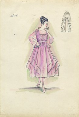 <em>"Evening dress, Chéruit, Spring 1916. Pink tea length dress, full skirt; pink bodice, long bell-shaped sheer sleeves, peplum, design on bodice; narrow pink belt. (Bendel Collection, HB 016-29)"</em>, 1916. Fashion sketch, 12.25 x 8.5 in (31.1 x 21.6 cm). Brooklyn Museum, Fashion sketches. (Photo: Brooklyn Museum, SC01.1_Bendel_Collection_HB_016-29_1916_Cheruit_SL5.jpg