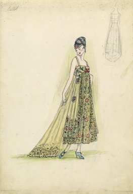 <em>"Evening dress, Callot Soeurs, Spring 1916. Light green ankle length dress, floral embroidery on skirt, train with design on hem; chemise bodice with floral design, narrow straps; headband with jewel on forehead. (Bendel Collection, HB 016-31)"</em>, 1916. Fashion sketch, 12.25 x 8.5 in (31.1 x 21.6 cm). Brooklyn Museum, Fashion sketches. (Photo: Brooklyn Museum, SC01.1_Bendel_Collection_HB_016-31_1916_Callot_SL5.jpg