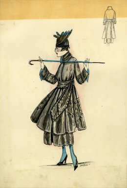 <em>"Tailored Suit, Spring 1916. Black suit, tea length full skirt; long coat with full skirt, large pockets and wide sash with design of circles; long sleeves, turned back cuffs and high collar lined in blue; brimless hat with black and blue feathers; furled"</em>, 1916. Fashion sketch, 12.25 x 8.5 in (31.1 x 21.6 cm). Brooklyn Museum, Fashion sketches. (Photo: Brooklyn Museum, SC01.1_Bendel_Collection_HB_017-01_1916_SL5.jpg