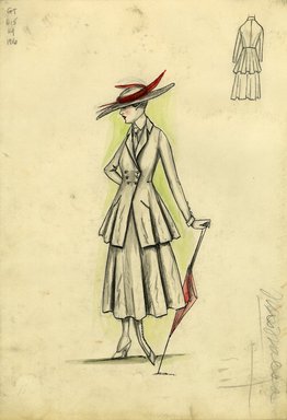 <em>"Tailored suit, Mrs. Nalsa, Spring 1916. White suit, tea length full skirt; long fitted jacket, double breasted, open front; wide brimmed white hat with red feathers; red parasol. (Bendel Collection, HB 017-02)"</em>, 1916. Fashion sketch, 12.25 x 8.5 in (31.1 x 21.6 cm). Brooklyn Museum, Fashion sketches. (Photo: Brooklyn Museum, SC01.1_Bendel_Collection_HB_017-02_1916_SL5.jpg