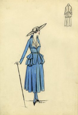 <em>"Tailored suit, Spring 1916. Light blue ankle length full skirt; fitted jacket, gathered peplum, long sleeves, open neck with white blouse collar; wide brimmed white hat. (Bendel Collection, HB 017-03)"</em>, 1916. Fashion sketch, 12.25 x 8.5 in (31.1 x 21.6 cm). Brooklyn Museum, Fashion sketches. (Photo: Brooklyn Museum, SC01.1_Bendel_Collection_HB_017-03_1916_SL5.jpg