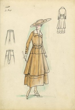 <em>"Tailored suit, Callot Soeurs, 'La Page,' Spring 1916. Tan tea length full skirt; long fitted jacket, flat tan and white collar, long sleeves, vertical tabs at waist; matching wide brimmed tan hat. (Bendel Collection, HB 017-04)"</em>, 1916. Fashion sketch, 12.25 x 8.5 in (31.1 x 21.6 cm). Brooklyn Museum, Fashion sketches. (Photo: Brooklyn Museum, SC01.1_Bendel_Collection_HB_017-04_1916_Callot_SL5.jpg