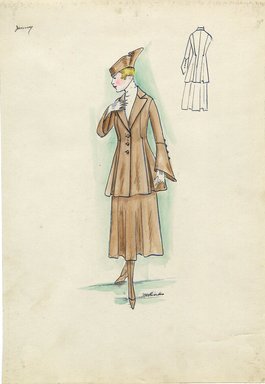 <em>"Tailored suit, Jenny, Spring 1916. Brown tea length skirt; fitted long jacket, open front, long bell-shaped sleeves with decorative buttons; small brown hat. (Bendel Collection, HB 017-05)"</em>, 1916. Fashion sketch, 12.25 x 8.5 in (31.1 x 21.6 cm). Brooklyn Museum, Fashion sketches. (Photo: Brooklyn Museum, SC01.1_Bendel_Collection_HB_017-05_1916_Jenny_SL5.jpg