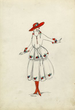 <em>"Suit, Spring 1916. White tea length full skirt, design of fuit along hemline; white blouse, wide turned up cuffs and pointed collar, same fruit design as on skirt hem on cuffs, collar and bottom of blouse, narrow waist tie, red laces at neck; wide brimmed"</em>, 1916. Fashion sketch, 12.25 x 8.5 in (31.1 x 21.6 cm). Brooklyn Museum, Fashion sketches. (Photo: Brooklyn Museum, SC01.1_Bendel_Collection_HB_017-06_1916_SL5.jpg