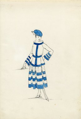 <em>"Suit, Spring 1916. White skirt tea length with horizontal blue bands, full skirt; white long blouse, blue stand up oval neckline, bell shaped sleeves with blue horizontal bands; blue sailor style beret with white bow. (Bendel Collection, HB 017-07)"</em>, 1916. Fashion sketch, 12.25 x 8.5 in (31.1 x 21.6 cm). Brooklyn Museum, Fashion sketches. (Photo: Brooklyn Museum, SC01.1_Bendel_Collection_HB_017-07_1916_SL5.jpg