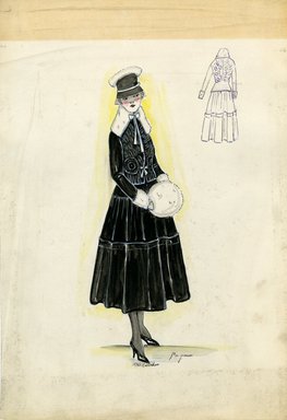 <em>"Tailored suit, Paquin, Fall 1916. Black tea length full skirt; fitted short jacket with white design on front, white fur collar and cuffs; white fur muff; small black hat with white fur. (Bendel Collection, HB 018-01)"</em>, 1916. Fashion sketch, 12.25 x 8.5 in (31.1 x 21.6 cm). Brooklyn Museum, Fashion sketches. (Photo: Brooklyn Museum, SC01.1_Bendel_Collection_HB_018-01_1916_Paquin_SL5.jpg