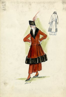 <em>"Tailored suit, Chéruit, Fall 1916. Red-brown ankle length skirt; matching knee-length coat, full skirt, hem and shawl collar trimmed in dark brown fur; matching fur hat. (Bendel Collection, HB 018-02)"</em>, 1916. Fashion sketch, 12.25 x 8.5 in (31.1 x 21.6 cm). Brooklyn Museum, Fashion sketches. (Photo: Brooklyn Museum, SC01.1_Bendel_Collection_HB_018-02_1916_Cheruit_SL5.jpg