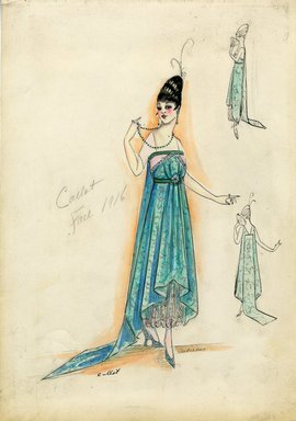 <em>"Afternoon dress, Callot Soeurs, Fall 1916. Turquoise ankle length dress, train, white lace underdress; Empire style, white short sleeves. (Bendel Collection, HB 018-03)"</em>, 1916. Fashion sketch, 12.25 x 8.5 in (31.1 x 21.6 cm). Brooklyn Museum, Fashion sketches. (Photo: Brooklyn Museum, SC01.1_Bendel_Collection_HB_018-03_1916_Callot_SL5.jpg