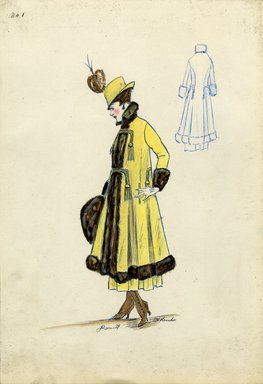 <em>"Tailored suit, Doucet, Fall 1916. Yellow-gold ankle length skirt and matching coat trimmed in dark brown fur; dark brown fur collar and wide cuffs; decorative braid closures on coat; dark brown fur muff; matching yellow-gold hat with brown feather. (Bendel Collection, HB 018-04)"</em>, 1916. Fashion sketch, 12.25 x 8.5 in (31.1 x 21.6 cm). Brooklyn Museum, Fashion sketches. (Photo: Brooklyn Museum, SC01.1_Bendel_Collection_HB_018-04_1916_Doucet_SL5.jpg