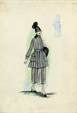 <em>"Tailored suit, Chéruit, Fall 1916. Grey tea length skirt; matching mid-thigh length jacket with three tiers of side ruffles, black collar; black cap; black muff. (Bendel Collection, 018-05)"</em>, 1916. Fashion sketch, 12.25 x 8.5 in (31.1 x 21.6 cm). Brooklyn Museum, Fashion sketches. (Photo: Brooklyn Museum, SC01.1_Bendel_Collection_HB_018-05_1916_Cheruit_SL5.jpg