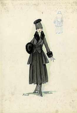 <em>"Tailored suit, Doucet, Fall 1916. Dark grey tea length skirt, full; matching jacket with mid-thigh length jacket, full skirt, short in front, two sets of decorative buttons, black fur collar and cuffs; black fur muff; dark grey hat with black fur top. (Bendel Collection, HB 018-06)"</em>, 1916. Fashion sketch, 12.25 x 8.5 in (31.1 x 21.6 cm). Brooklyn Museum, Fashion sketches. (Photo: Brooklyn Museum, SC01.1_Bendel_Collection_HB_018-06_1916_Doucet_SL5.jpg