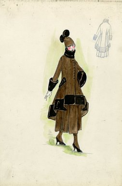 <em>"Tailored suit, Fall 1916. Brown tea length skirt; matching coat longer in the back, dark brown hem, wide cuffs and high collar; matching dark brown muff; assymetric button closures; small hat with dark brown pompoms. (Bendel Collection, HB 018-07)"</em>, 1916. Fashion sketch, 12.25 x 8.5 in (31.1 x 21.6 cm). Brooklyn Museum, Fashion sketches. (Photo: Brooklyn Museum, SC01.1_Bendel_Collection_HB_018-07_1916_SL5.jpg