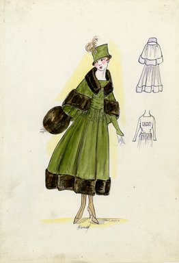 <em>"Tailored suit, Doucet, Fall 1916. Dark green tea length coat, dark brown fur hem; matching dark green short cape with dark brown hem and collar; dark brown fur muff; matching green hat. (Bendel Collection, HB 018-08)"</em>, 1916. Fashion sketch, 12.25 x 8.5 in (31.1 x 21.6 cm). Brooklyn Museum, Fashion sketches. (Photo: Brooklyn Museum, SC01.1_Bendel_Collection_HB_018-08_1916_Doucet_SL5.jpg