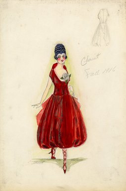 <em>"Afternoon dress, Chéruit, Fall 1916. Red tea length dress, balloon skirt; fitted bodice, portrait neckline, short sleeves; black turban; red high heel with crossed laces. (Bendel Collection, HB 018-09)"</em>, 1916. Fashion sketch, 12.25 x 8.5 in (31.1 x 21.6 cm). Brooklyn Museum, Fashion sketches. (Photo: Brooklyn Museum, SC01.1_Bendel_Collection_HB_018-09_1916_Cheruit_SL5.jpg