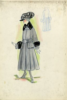 <em>"Tailored coat, Chéruit, Fall 1916. Grey tea length coat, full skirt, wide belt buttoned at waist; wide black fur collar and cuffs; matching grey hat with visor, large grey feather. (Bendel Collection, HB 018-10)"</em>, 1916. Fashion sketch, 12.25 x 8.5 in (31.1 x 21.6 cm). Brooklyn Museum, Fashion sketches. (Photo: Brooklyn Museum, SC01.1_Bendel_Collection_HB_018-10_1916_Cheriut_SL5.jpg