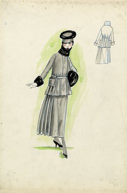 <em>"Tailored suit, Fall 1916. Grey ankle length skirt with box pleats on side; hip length jacket with box pleats, side pocket, narrow belt, black cuffs and stand up collar; black muff; matching grey hat with black donut on top. (Bendel Collection, HB 018-11)"</em>, 1916. Fashion sketch, 12.25 x 8.5 in (31.1 x 21.6 cm). Brooklyn Museum, Fashion sketches. (Photo: Brooklyn Museum, SC01.1_Bendel_Collection_HB_018-11_1916_SL5.jpg