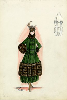 <em>"Tailored suit, Callot Soeurs, 'Radjuh', Fall 1916. Dark green ankle length skirt; matching dark green long coat with wide dark brown fur hem; matching fur cuffs, stand up collar, and muff; small brown hat with feathers. (Bendel Collection, HB -18-12)"</em>, 1916. Fashion sketch, 12.25 x 8.5 in (31.1 x 21.6 cm). Brooklyn Museum, Fashion sketches. (Photo: Brooklyn Museum, SC01.1_Bendel_Collection_HB_018-12_1916_Callot_SL5.jpg