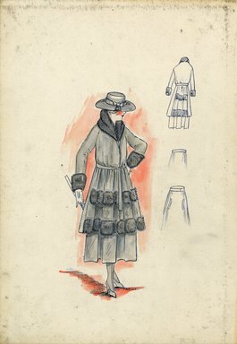 <em>"Tailored suit, Fall 1916. Grey tea length skirt, full; matching knee length jacket with two rows of grey fur; grey fur cuffs and shawl collar; grey hat with flat brim. (Bendel Collection, HB 018-13)"</em>, 1916. Fashion sketch, 12.25 x 8.5 in (31.1 x 21.6 cm). Brooklyn Museum, Fashion sketches. (Photo: Brooklyn Museum, SC01.1_Bendel_Collection_HB_018-13_1916_SL5.jpg