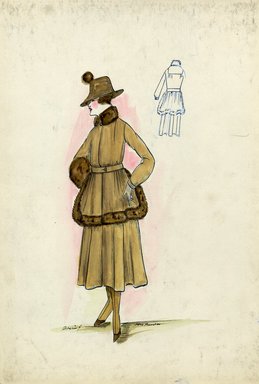 <em>"Tailored suit, Chéruit, Fall 1916. Tan tea length full skirt; matching mid thigh length jacket trimmed in brown fur at hem and collar; matching fur muff; brown hat. (Bendel Collection, HB 018-14)"</em>, 1916. Fashion sketch, 12.25 x 8.5 in (31.1 x 21.6 cm). Brooklyn Museum, Fashion sketches. (Photo: Brooklyn Museum, SC01.1_Bendel_Collection_HB_018-14_1916_Cheruit_SL5.jpg