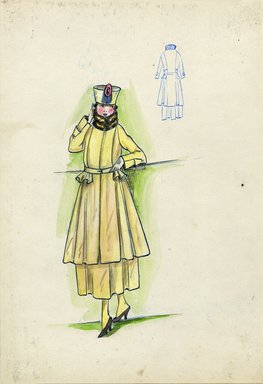 <em>"Tailored suit, Fall 1916. Yellow ankle length full skirt; knee length coat with full skirt, small ruffle at each hip, stand up brown fur collar; fez with oval decoration. (Bendel Collection, HB 018-15)"</em>, 1916. Fashion sketch, 12.25 x 8.5 in (31.1 x 21.6 cm). Brooklyn Museum, Fashion sketches. (Photo: Brooklyn Museum, SC01.1_Bendel_Collection_HB_018-15_1916_SL5.jpg