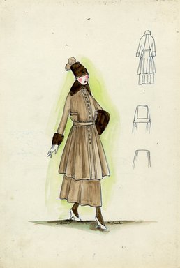 <em>"Tailored suit, Chéruit, Fall 1916. Brown ankle length full skirt; knee length matching brown coat, wide dark brown cuffs and collar; matching brown muff; small brown hat. (Bendel Collection, HB 018-16)"</em>, 1916. Fashion sketch, 12.25 x 8.5 in (31.1 x 21.6 cm). Brooklyn Museum, Fashion sketches. (Photo: Brooklyn Museum, SC01.1_Bendel_Collection_HB_018-16_1916_Cheruit_SL5.jpg