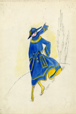 <em>"Dress, Fall 1916. Blue tea length dress, full skirt, lined in yellow; yellow trim at hem, pockets, sleeves and neckline; wide bell shaped sleeves; yellow belt; blue scarf with yellow trim; blue hat with wide brim, yellow tassel; yellow shoes, matching yellow stockings. (Bendel Collection, HB 018-17)"</em>, 1916. Fashion sketch, 12.25 x 8.5 in (31.1 x 21.6 cm). Brooklyn Museum, Fashion sketches. (Photo: Brooklyn Museum, SC01.1_Bendel_Collection_HB_018-17_1916_SL5.jpg